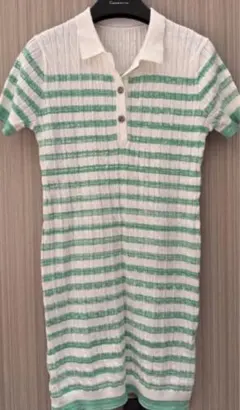 白緑 ボーダー ケーブルニットポロワンピース