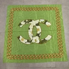 Chanel シャネル スカーフ 黄緑 金 ココマーク シルク イタリア製