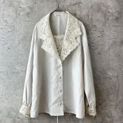【 Feminine 】　レース ブラウス　ライトグレー　昭和レトロ　フェミニン
