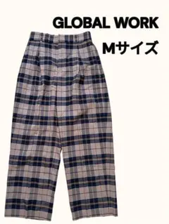 GLOBAL WORK チェック柄 ワイドパンツ Mサイズ　ブラウン　ブルー