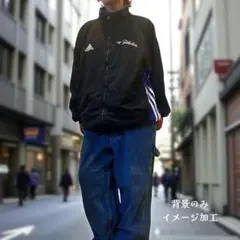 adidas トラックジャケット黒×ブルー XL～2XLバックロゴ90s〜00s
