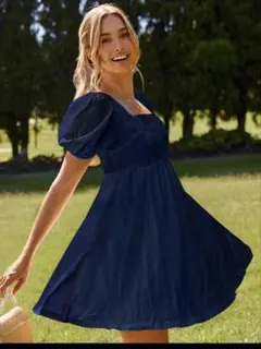 SHEIN VCAY パフスリーブ ミニワンピース ネイビー