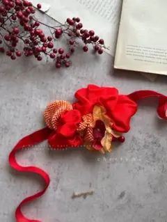 七五三　七五三髪飾り　七五三ヘッドドレス 赤オレンジ　お花と実付き　118