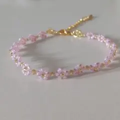 ビーズブレスレット 推し活 桃色 ピンク×ゴールド アクセサリー フラワー 花
