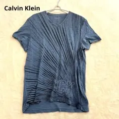 カルバンクライン半袖ＴシャツＭ青ロゴグラフィック綿100%コットン総柄Ｖネック夏