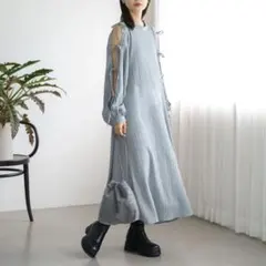 Kastaneカスタネ・リボン付き袖スリットワンピース・グレー