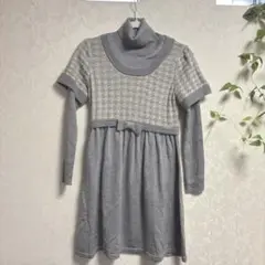 ギャラリービスコンティ グレー長袖ニットワンピース　千鳥格子柄　M