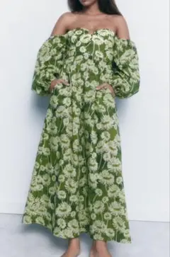 ZARA オフショルダー 花柄ワンピース グリーン Mサイズ　新品未使用　タグ付