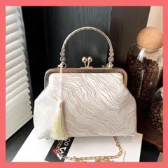 2wayパーティバッグハンドバッグ 白ホワイトがま口 結婚式お呼ばれ和柄和装着物