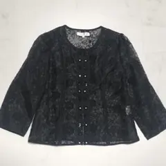 スーパービューティー　オーガンジー刺繍カーディガン　ノーカラー　黒　42のサムネイル