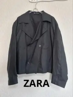 【ZARA】 ダブルブレスト リネン ショートトレンチ ジャケット ブラック M