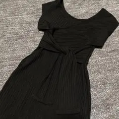 ロイヤルパーティー 黒 リブニット 半袖ロングワンピース ウエストリボン付き