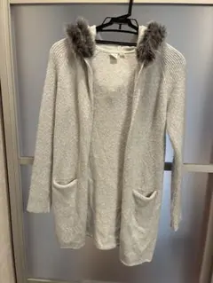 グレー ファー付きフード 長袖カーディガン