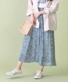 【美品】FREAK'S STORE　小花柄ジョーゼットスカート　ブルー系のサムネイル