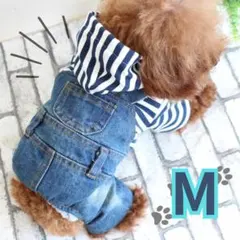 新品 M 犬服 デニム オーバーオール ストライプ パーカー 散歩 かわいい