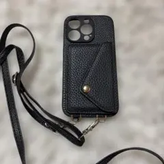 ブラック レザー風 iPhone14proケース ショルダー付き
