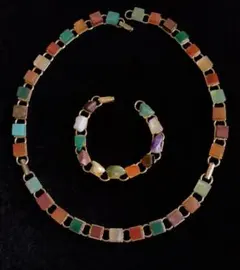 アンティークネックレス 多種天然石装飾 取り外し式 & ブレスレット セット