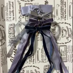 【4点セット】足長 リボン ポニーフック ヘアフック パープル系 紺 シルバー系