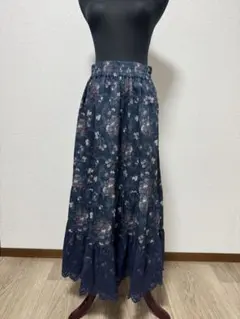 花柄 ロングスカート レース切り替え ネイビーのサムネイル