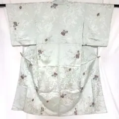 5k2664 着物　正絹　袷　織の小紋　薄緑　銀色　赤　青　花柄　和装