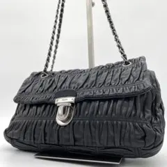 【美品】プラダ　2way ショルダーバッグ　チェーン ギャザー　ナッパレザー　黒