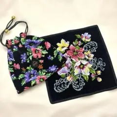 フェイラー　2点まとめ売り　シェニール織り　巾着ポーチ　ハンカチ　花柄　黒