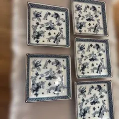 橘吉 染付 青華水鳥 長角皿 7枚セット 角皿 焼き物皿 平向 廃盤品
