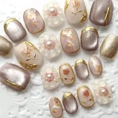 ネイルチップ ぷっくりお花/フラワー/大理石/薔薇/マグネットフルサイズb967