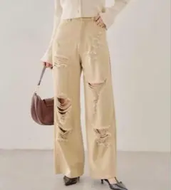 Chico ベージュ ダメージデニム　ワイドレッグ