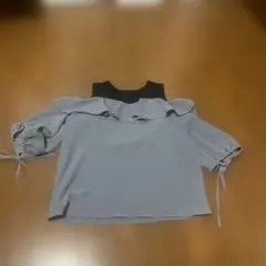 水色 肩出し 半袖 トップス M リボン フリル