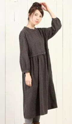 美品【stadioCLIP】バンドカラー★ギンガムチェックワンピース★ウール混