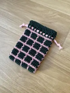 【即購入OK】巾着ポーチ　グラフチェック　チェック柄　編み物　格子模様　巾着袋