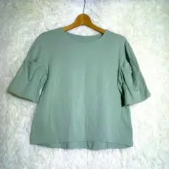 SISVEIL【38】袖絞り 綿混 グリーン 五分袖 Tシャツ レディース