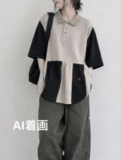 古着リメイク ポロシャツ ドッキング 半袖 バイカラー チュニック