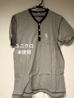 【未使用】ユニクロ　黒と白のストライプ Tシャツ ボタン付き　トップス　Lサイズ