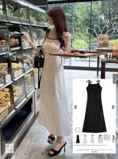 GRL ドット柄ショルダーリボンキャミソールワンピース　アイボリー　gn484