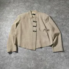 ZAS7 チャイナカラー　ドット柄　ニットジャケット　ショート　ベージュ　古着