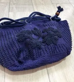 【小さめネイビー ビーズ刺繍 手提げ巾着バッグ】