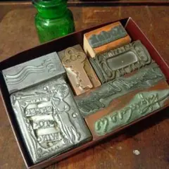 アメリカ製アンティーク活版 印刷ブロック7個セット☆メタル スタンプはんこ