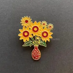 ブローチ　ひまわりと花瓶　レトロ　ゴッホ　絵画風　ヴィンテージ調　簡易プレゼント
