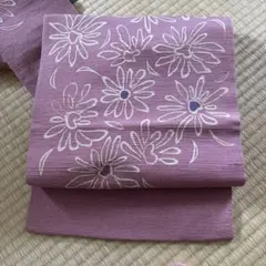 名古屋帯 紫色 ピンク花柄 手描き風のサムネイル