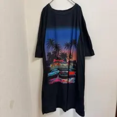 シーイン ヤシの木柄 ワンピース クルーネック 半袖 ビッグサイズ 5XL 黒
