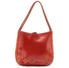 良品 ケイタマルヤマ レザー 花 モチーフ ハンドバッグ ラウンド 赤 レッド