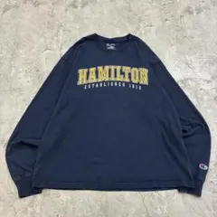 チャンピオン　ハミルトン大学　カレッジ　袖刺繍　長袖Tシャツ　古着　ネイビー　L