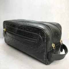 オーストリッチ　セカンドバッグ　クラッチバッグ　2室　ブラック ダブルファスナー