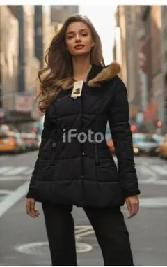 新品値下げ可　ダウン風コート フード付き Lサイズ 黒 美品 冬アウター　0