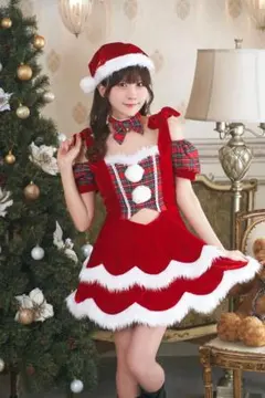 コスプレ　クリスマス　サンタ　チェック柄　リボン　レッド　フリーサイズ