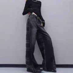 チェック切替 ワイドデニムパンツ Sサイズ 個性派 モード ストリート