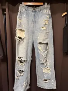 MASONPRINCE ワイドシルエット ハードダメージ デニムハーフパンツ