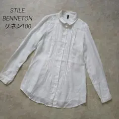 ベネトン BENETTON リネン100% ピンタック長袖シャツ 白 Sのサムネイル